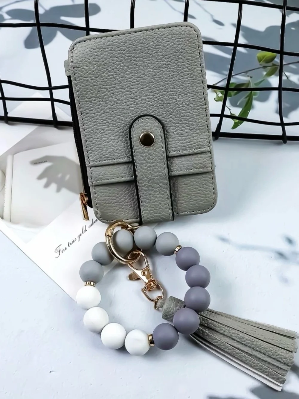 Grey Beaded Wristlet Keychain with Tassel